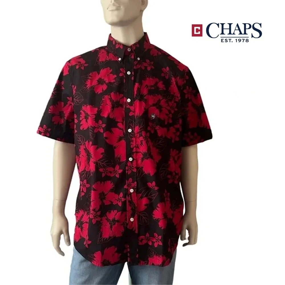 Chaps Easy Care Shirt Floral Hibiscus Tiki Hawaiian Button Front w/ Placket NWOT - Picture 14 of 16